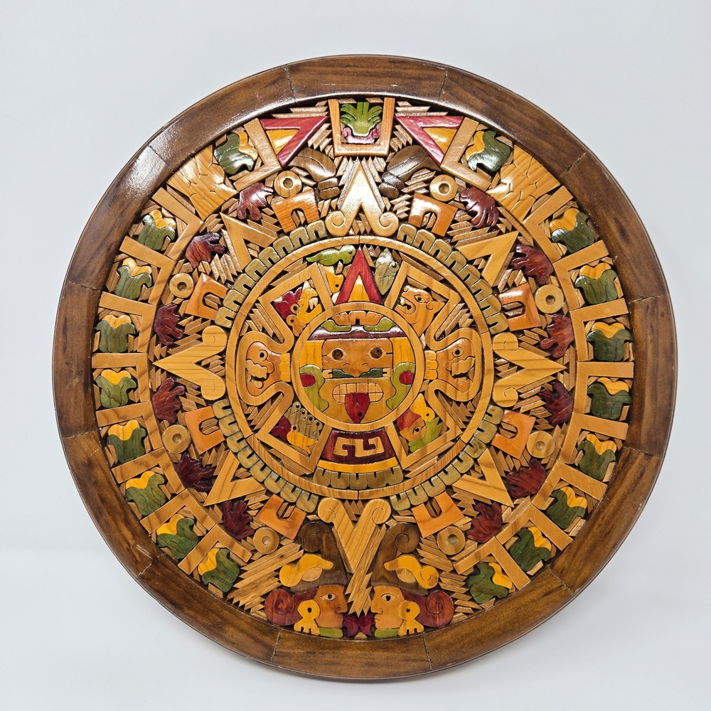 Hand-Carved Wooden Aztec Sun Wall Plaque - Multicolor